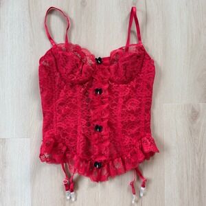 Red Lace DBf Bustier‎ Corset Top Lingerie Garter Straps Size 36B Pinup Burlesque
